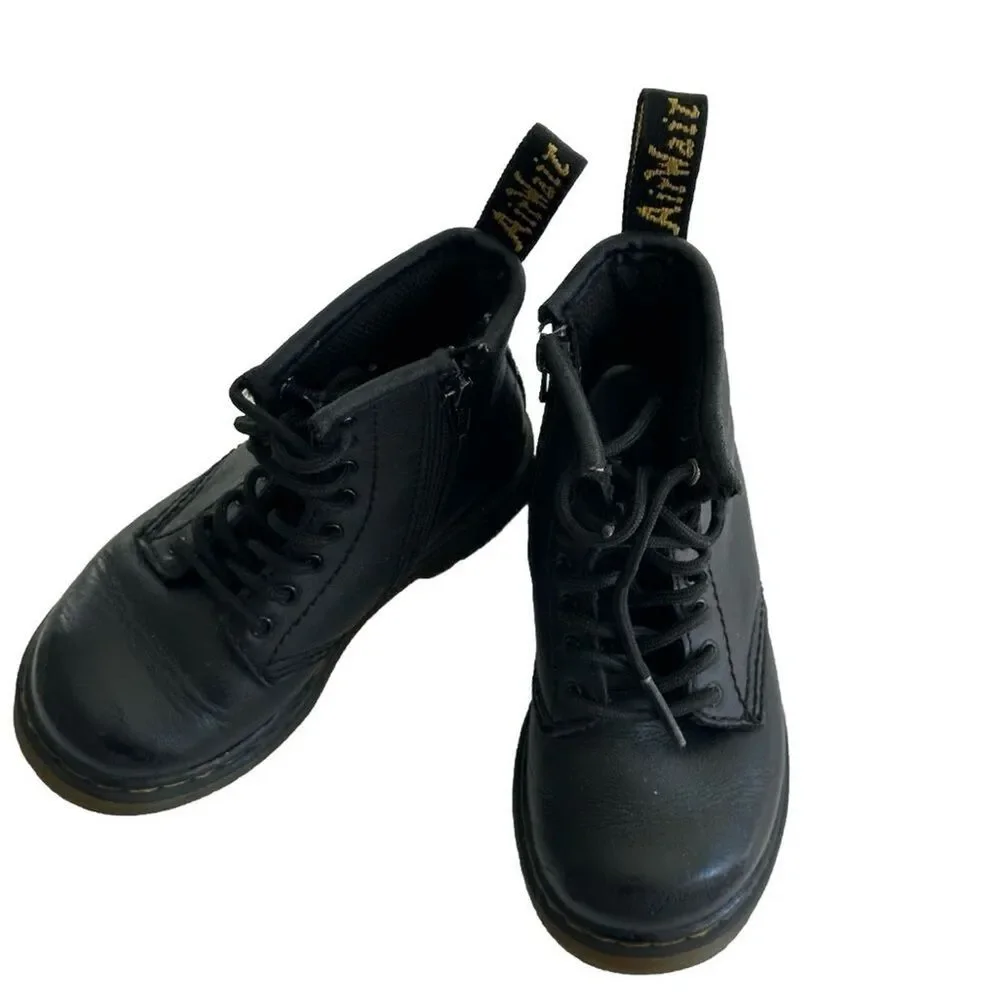 Dr. Martens 1460 J Kids Youth Black Leather Ankle Combat Boots Side Zip Size 8